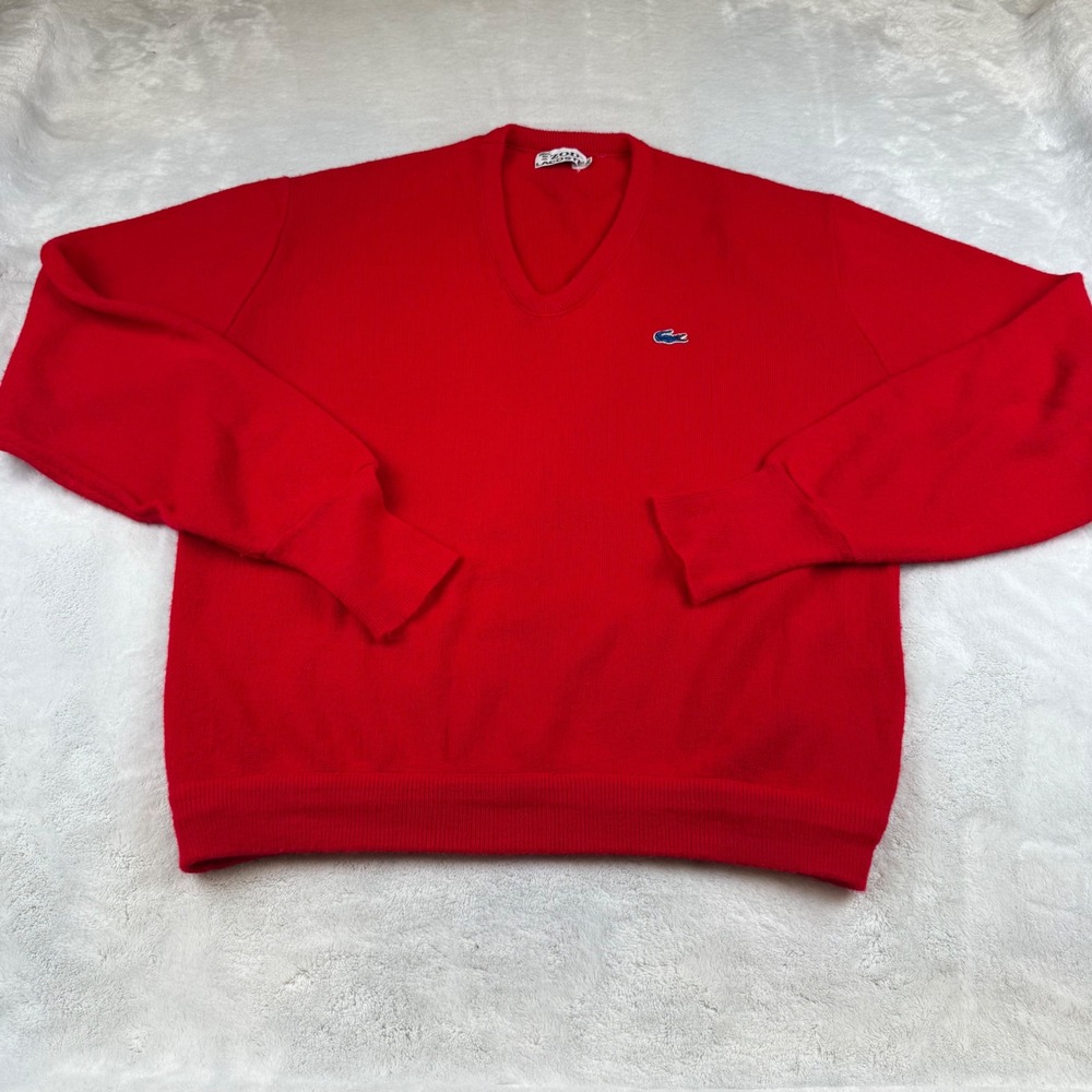 Vintage IZOD Lacoste Mens‎ Red V Neck Sweater XL Classic Crocodile Logo